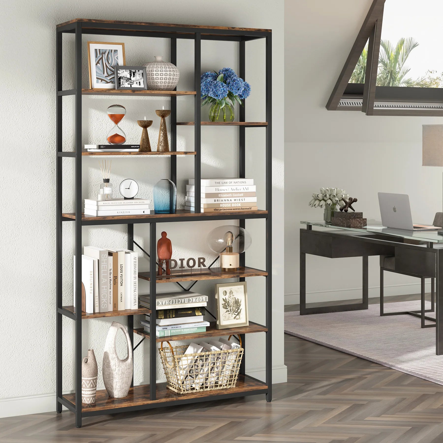 79 Inches Bookcase with Open Shelves, 9-Tier Industrial Bookshelf, 10 Cubes Etagere Storage Shelves Display Shelf