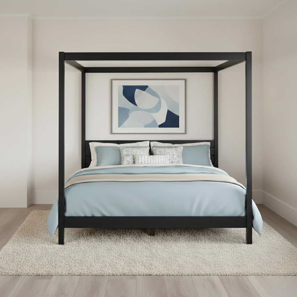 Solid Pine Canopy Bed Frame, King — Matte Black Painted Finish | No Box Spring Needed • Fsc-Certified Pine • Supports up to 560 Lbs • Slatted Headboard, No Box Spring Needed