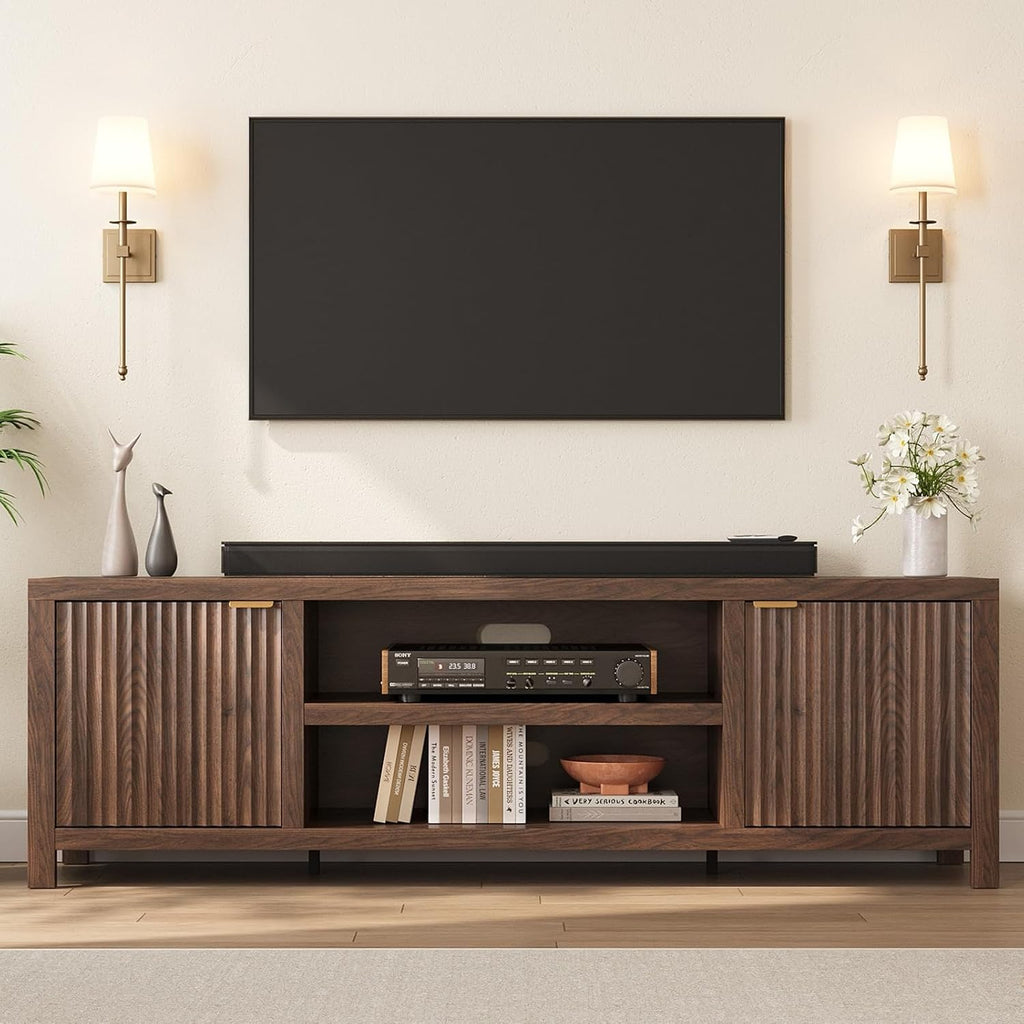 Fluted TV Stand for 75+ Inch, Modern Entertainment Center with 2-Tier Storage & Adjustable Shelves, Media Console Cabinet with 2 Fluted Doors and Gold Handle for Living Room Bedroom, Walnut