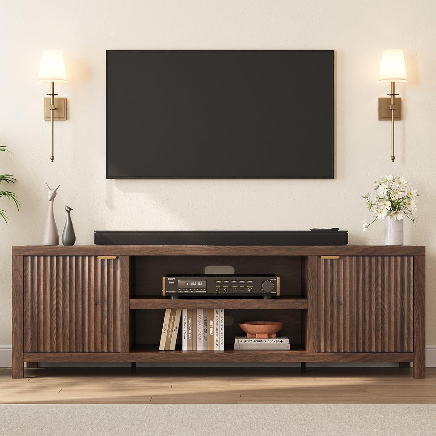 Fluted TV Stand for 75+ Inch, Modern Entertainment Center with 2-Tier Storage & Adjustable Shelves, Media Console Cabinet with 2 Fluted Doors and Gold Handle for Living Room Bedroom, Walnut