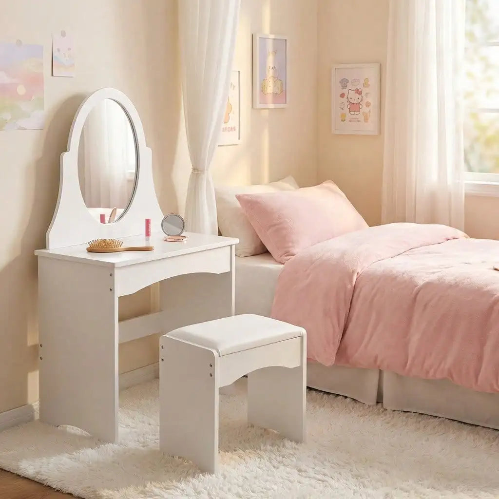 Modern Upholstered Vanity Stool with Storage, Soft Padded Seat Makeup Chair, White & Grey Accent Stool for Bedroombathroom