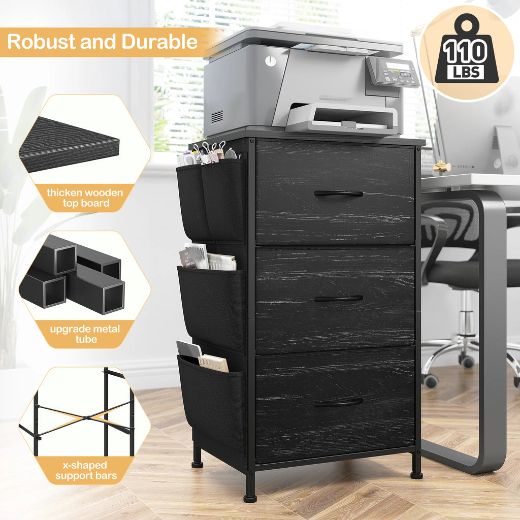 Set of 2 Nightstands, Metal Wood Storage Dresser with 3 Fabric Drawers & Side Storage Pockets for Bedroom, Closet, Hallway, Entryway