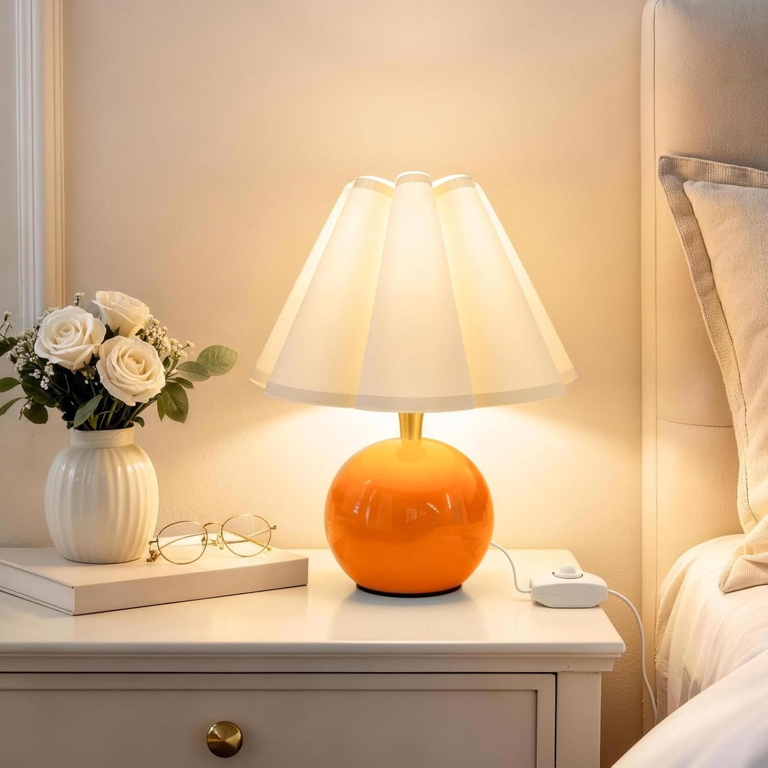 Small Bedside Table Lamp, 11.8'' Ceramic Stepless Dimmable Lamp (Orange) | with Scalloped Fabric Shade for Nightstand & Living Room. Perfect for Quiet Nights to Create a Cozy, Relaxing Atmosphere