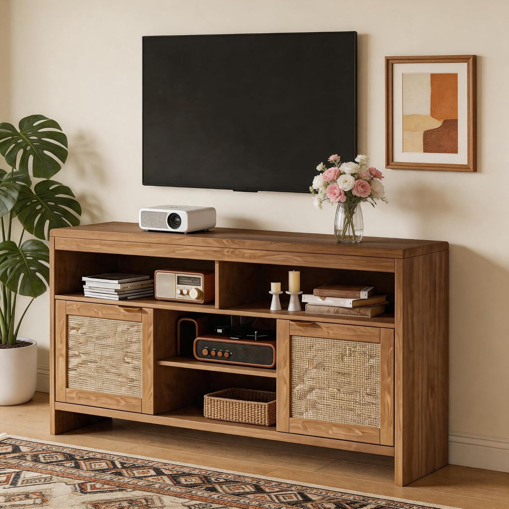 58 in Rattan TV Stand, Natural Oak Entertainment Center-Brown | for Tvs up to 65 Boho Style,Adjustable Shelves Storage,Wooden Console Cabinet for Living Room,Bedroom, Farmhouse