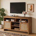 58 in Rattan TV Stand, Natural Oak Entertainment Center-Brown | for Tvs up to 65 Boho Style,Adjustable Shelves Storage,Wooden Console Cabinet for Living Room,Bedroom, Farmhouse