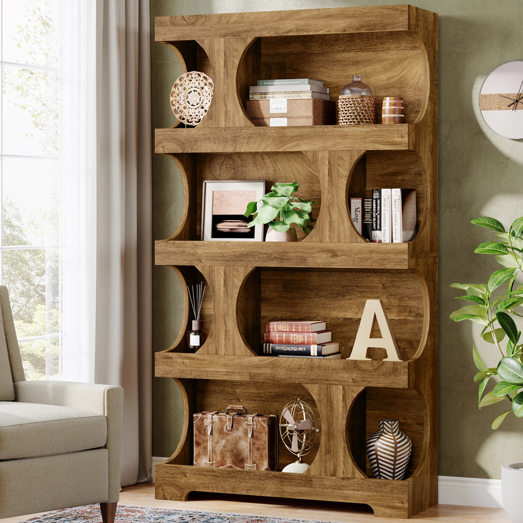 71" Tall Bookcase, 4-Tier S-Shaped Bookshelf, Wood Decorative Storage Shelving, Modern Freestanding Display Shelves