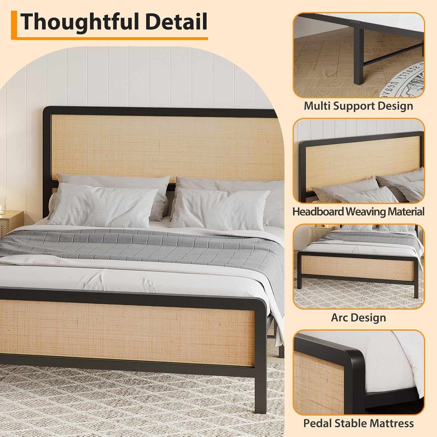 Boho Rattan Queen Size Bed Frame with Headboard & Footboard, Sturdy Black Metal Platform Bed, Natural Rattan Headboard, Under-Bed Storage, No Box Spring Needed, Noise-Free Slat