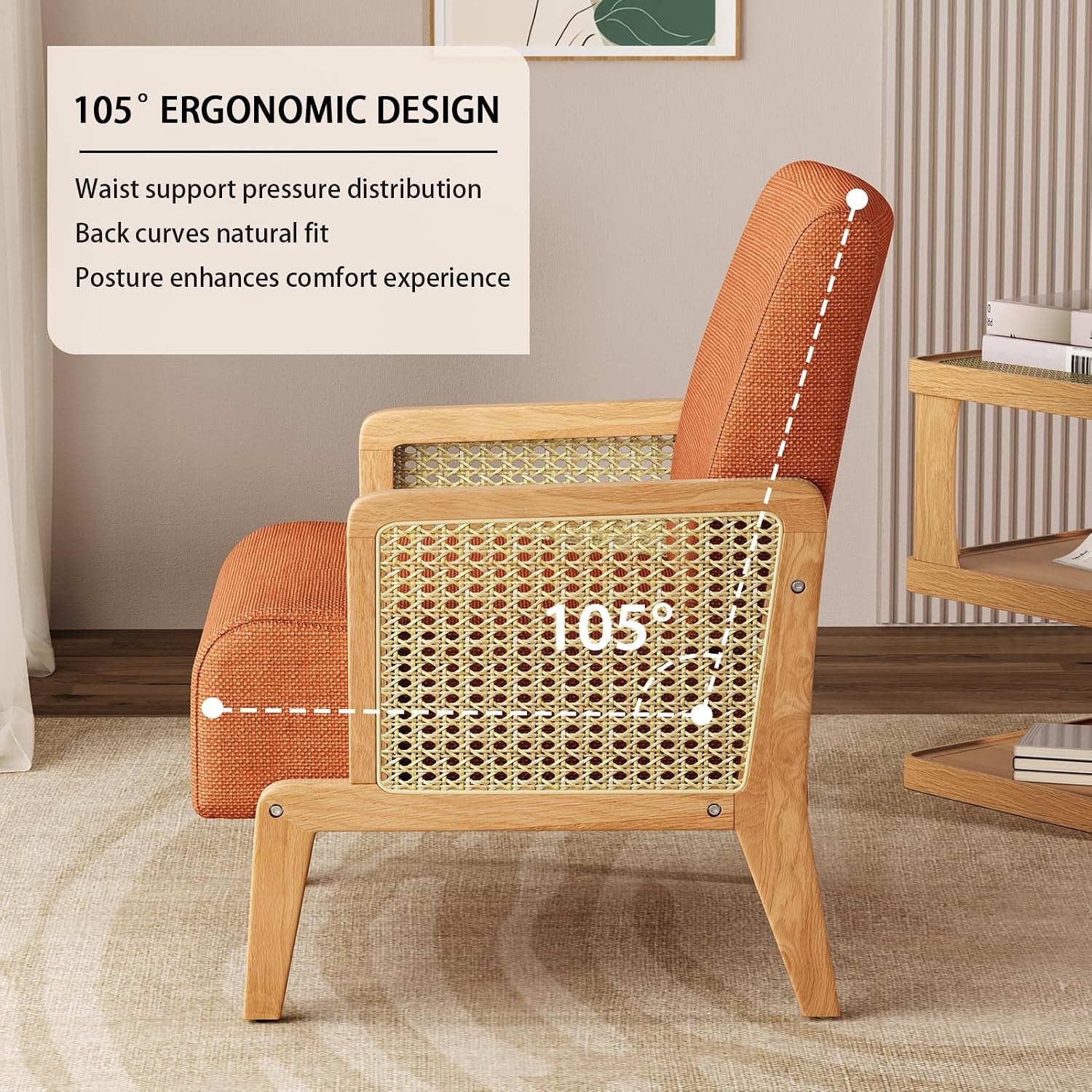 Modern Accent Chair with Rattan Armrest, Linen Fabric Arm Chair with Ash Wood Legs, Orange Accent Chair for Living Room, Bedroom, Balcony
