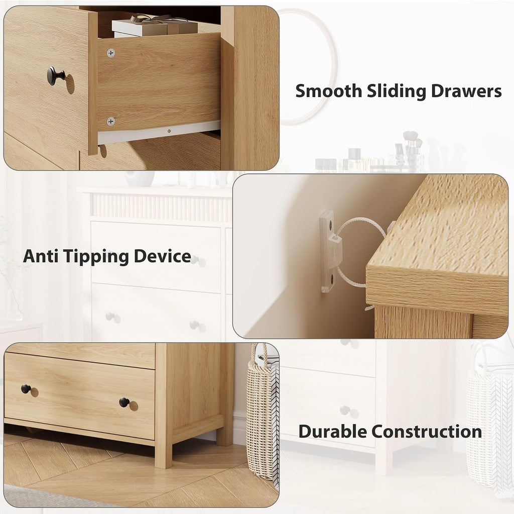 47" Fluted TV Stand with 6 Drawers, Modern Oak Media Console Cabinet, Wood Entertainment Center Storage Organizer for Living Room, Bedroom, Hallway, Entryway
