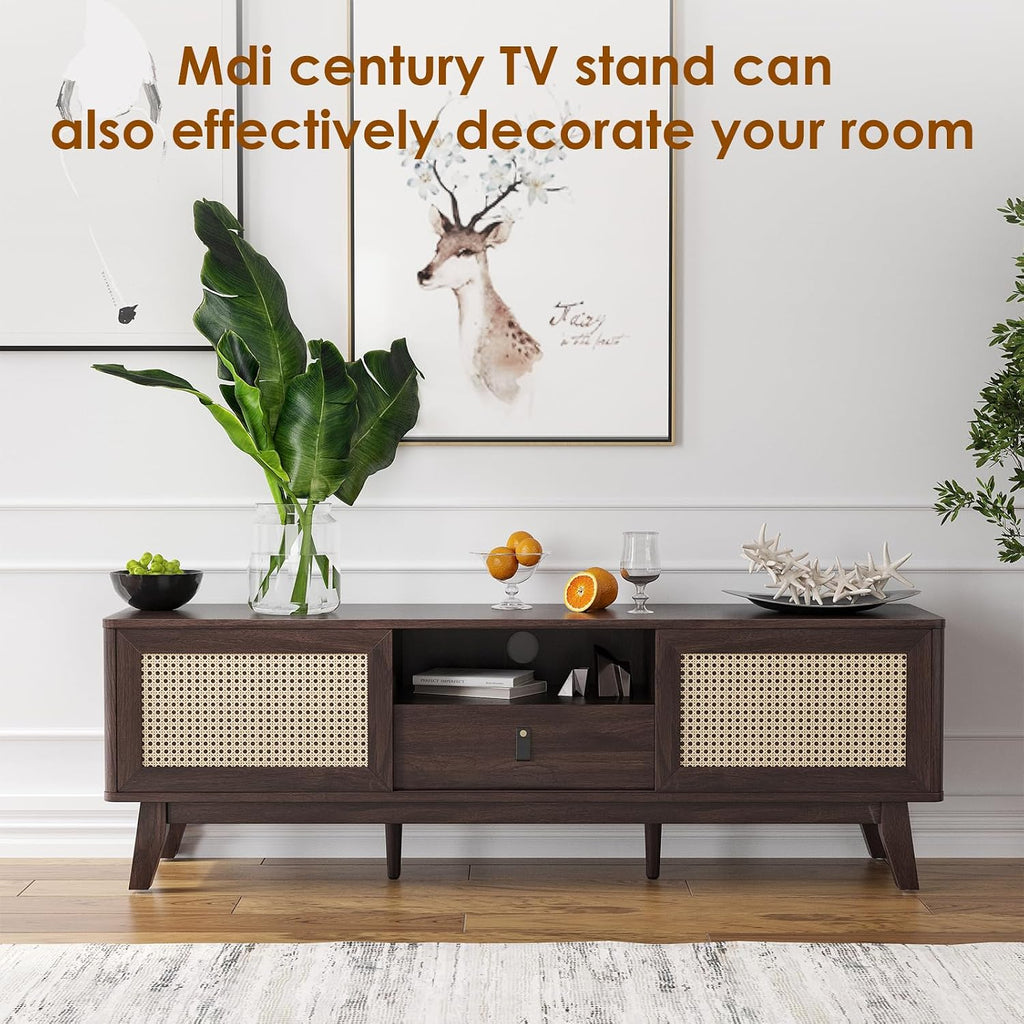 Rattan TV Stand for Tvs, Wood TV Stand Mid Century Modern TV Stand TV Media Console with Drawer and 2 Cabinets, Boho Entertainment Center for Living Room
