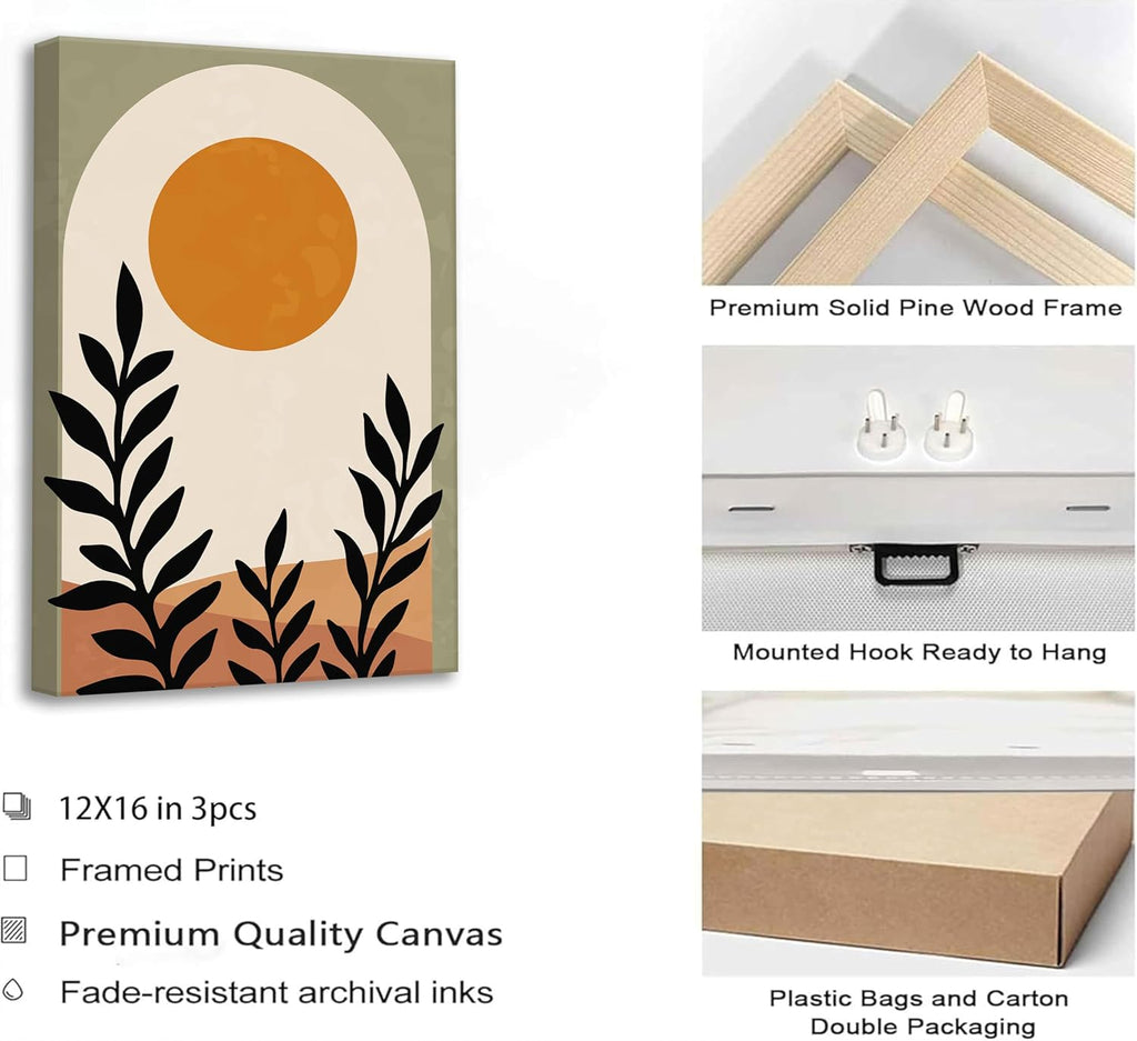 3 Pcs Mid Century Modern Boho Sun Canvas Wall Art | Neutral Abstract Minimalist Bohemian Mountains Plants Picture Wall Decor Poster Prints Artwork for Bedroom Living Room Home