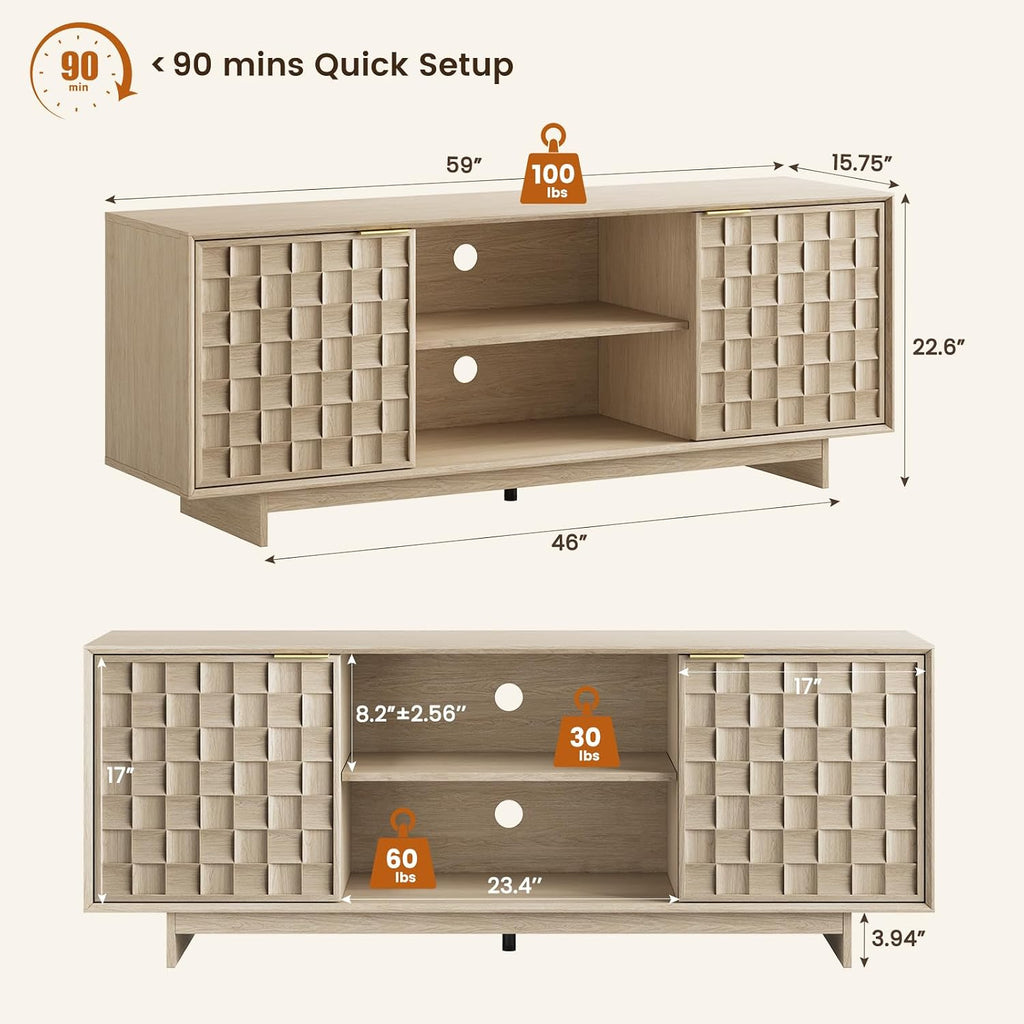 Sunwashed Oak TV Stand for 65 Inch TV, Modern Japandi Entertainment Center with 45° Slim Frame, 59" Scandinavian TV Console Table with Embossed Doors, Media Storage Cabinet, Light Wood Color