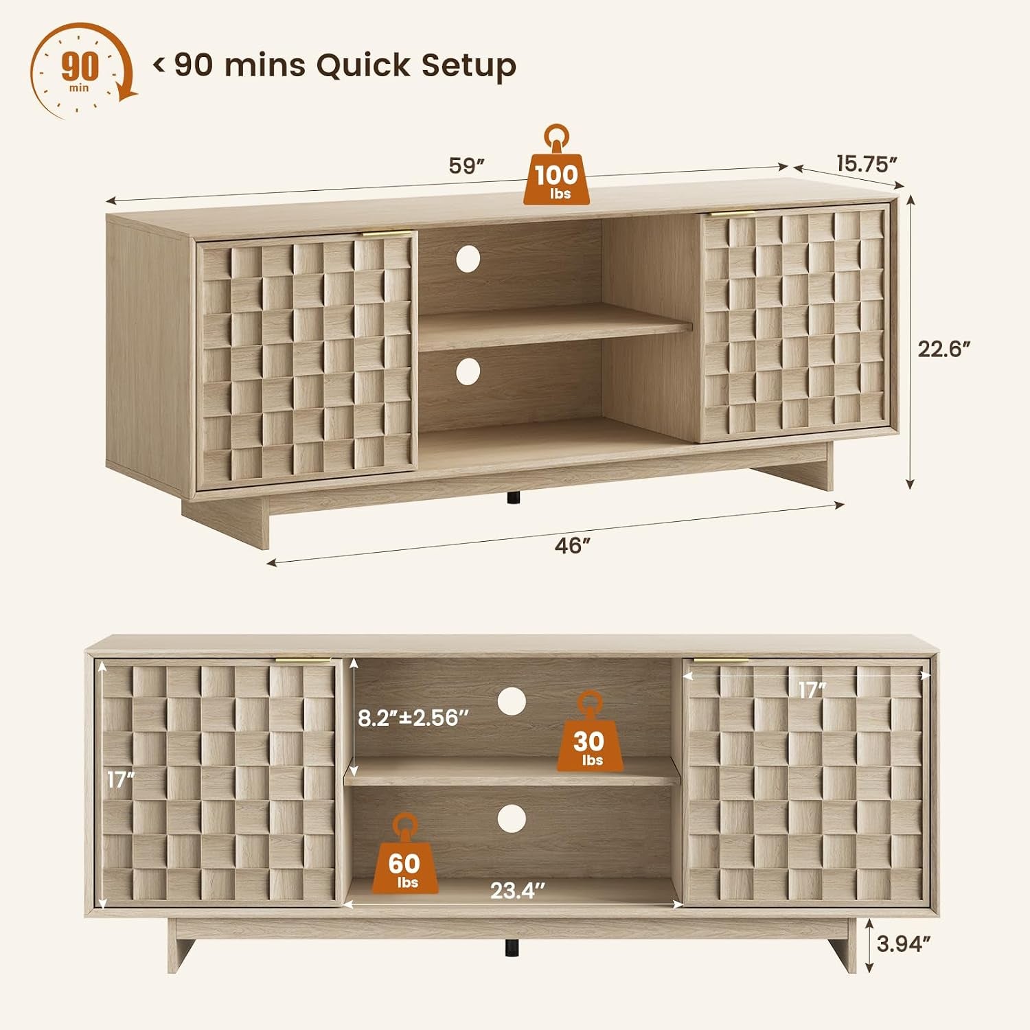 Sunwashed Oak TV Stand for 65 Inch TV, Modern Japandi Entertainment Center with 45° Slim Frame, 59" Scandinavian TV Console Table with Embossed Doors, Media Storage Cabinet, Light Wood Color