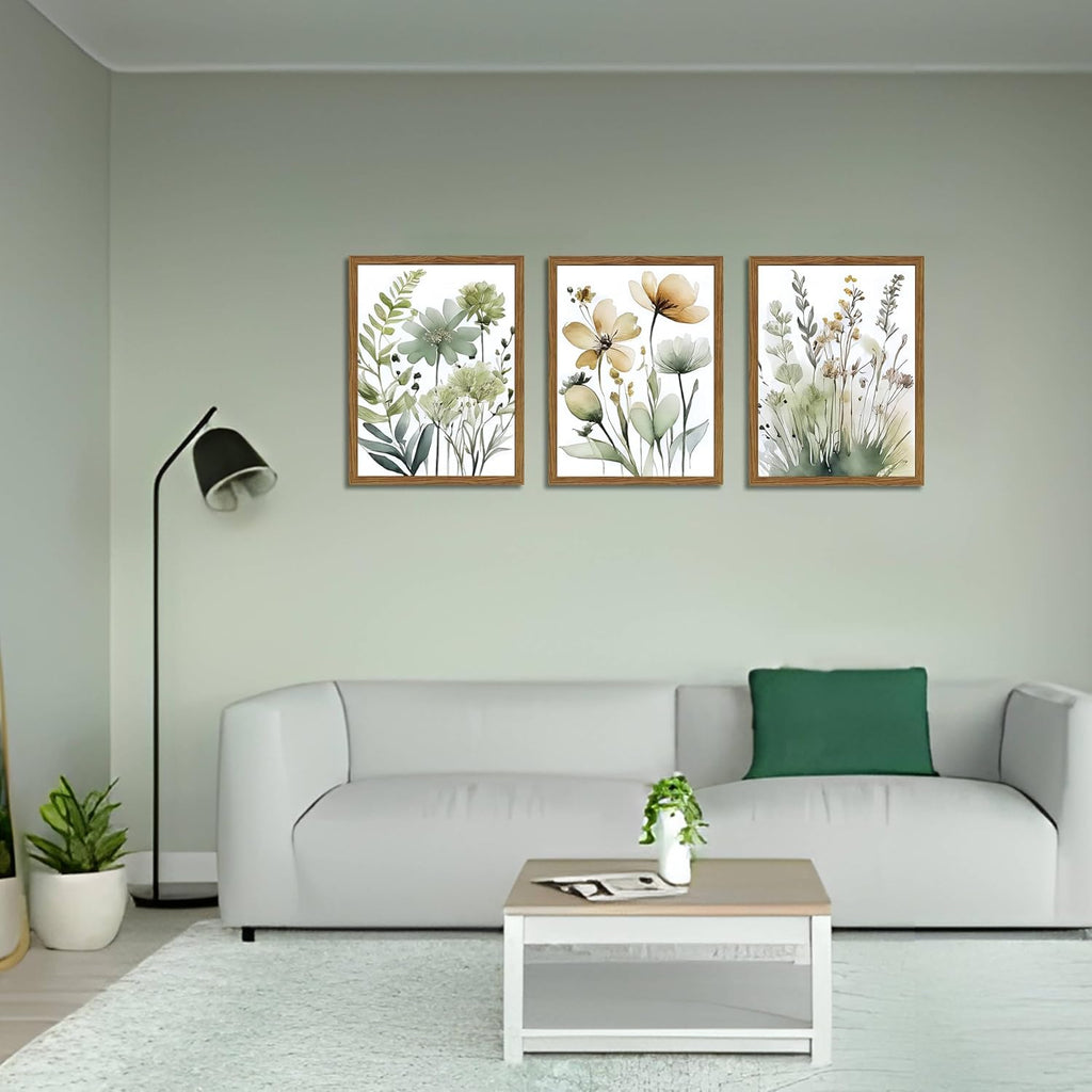 Wood Framed Sage Green Botanical Wall Art Set of 3, Boho Floral Canvas Wall Decor Paintings, Minimalist Flower Posters Prints Pictures for Bedroom Bathroom Living Room Home Decor 16X24 Inch
