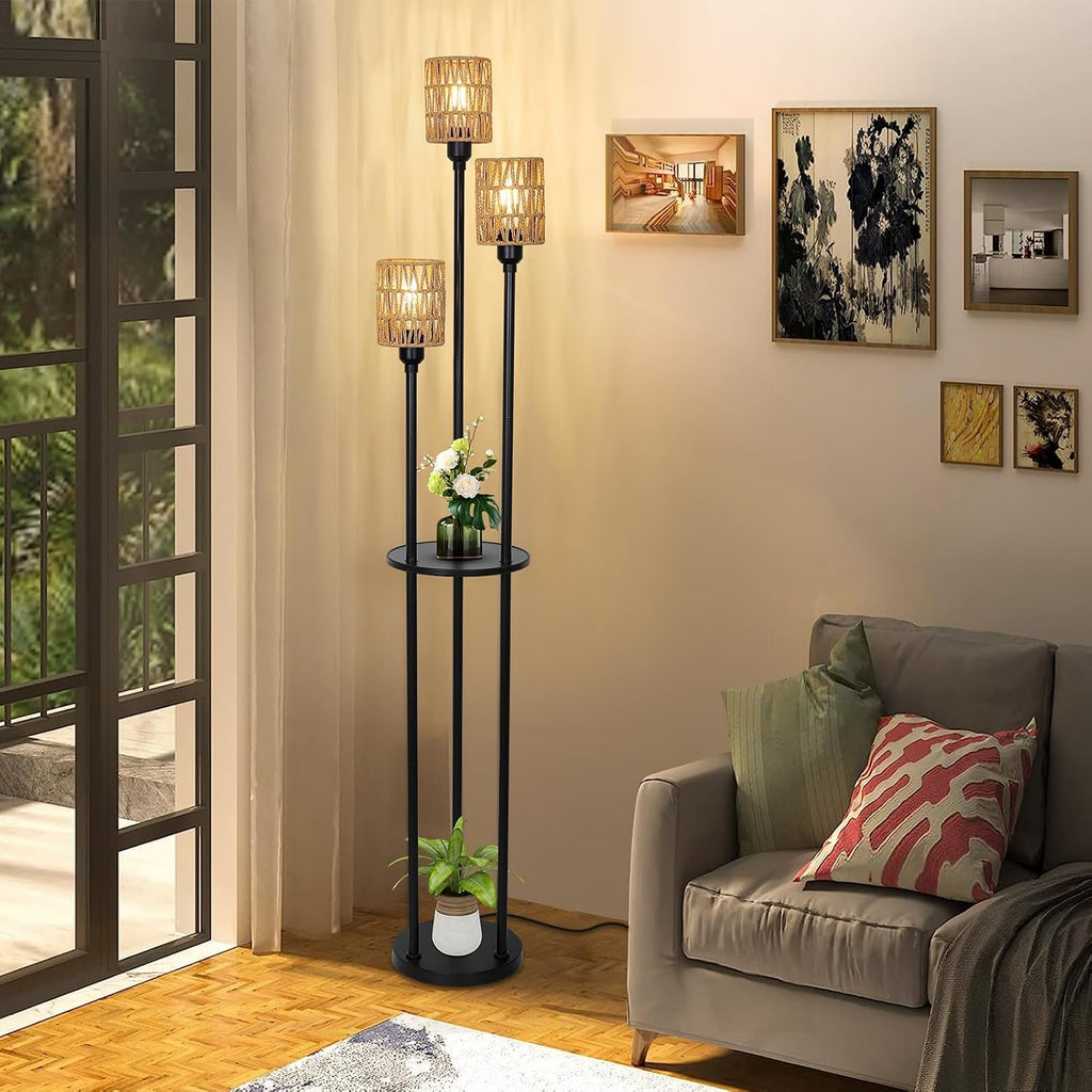 Dimmable Boho Floor Lamps for Living Room, 3-Lights Farmhouse Floor Lamp with 3-Way Foot Switch, Rattan Floor Lamp with Shelves, Rustic Standing Lamp with Rattan Shades, Tall Lamps for Bedroom