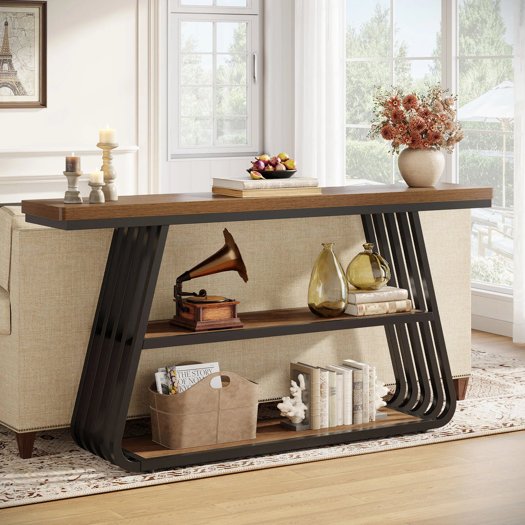 55" Entryway Table with Shelves, 3-Tier Console Table Sofa Table with Iron Frame, Wooden Entry Table for Living Room, Foyer, Hallway, Industrial Style