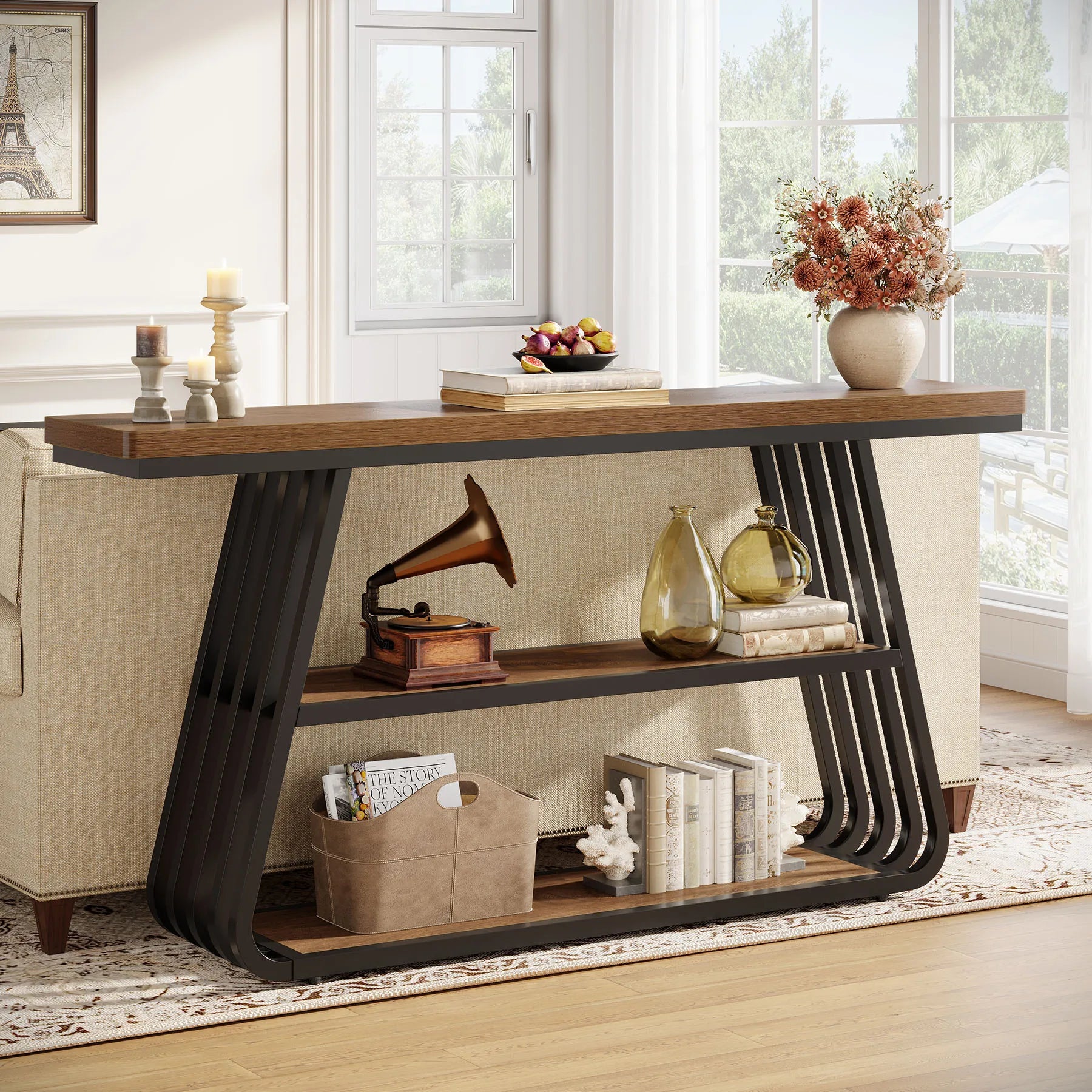 55" Entryway Table with Shelves, 3-Tier Console Table Sofa Table with Iron Frame, Wooden Entry Table for Living Room, Foyer, Hallway, Industrial Style