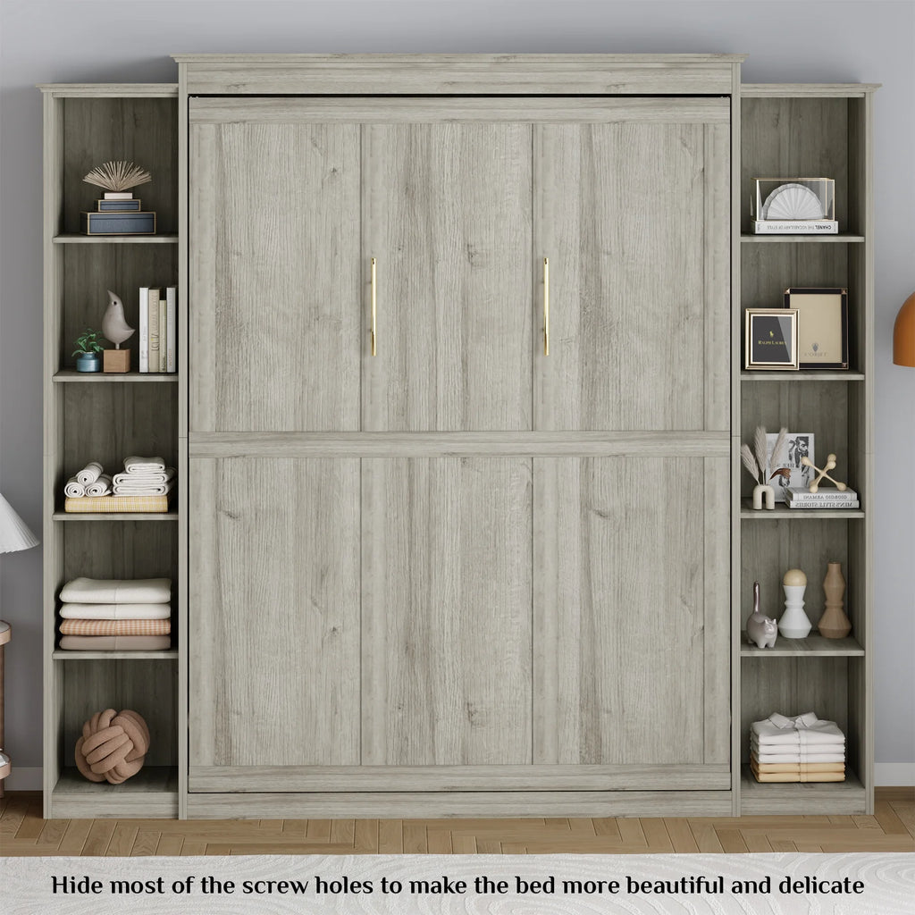 Queen Size Murphy Bed Cabinet in Grey with 5-Tier Storage Shelves, Foldable Platform Bed Wall Cabinet Bedframe for Small Space, Bedroom, Guest Room