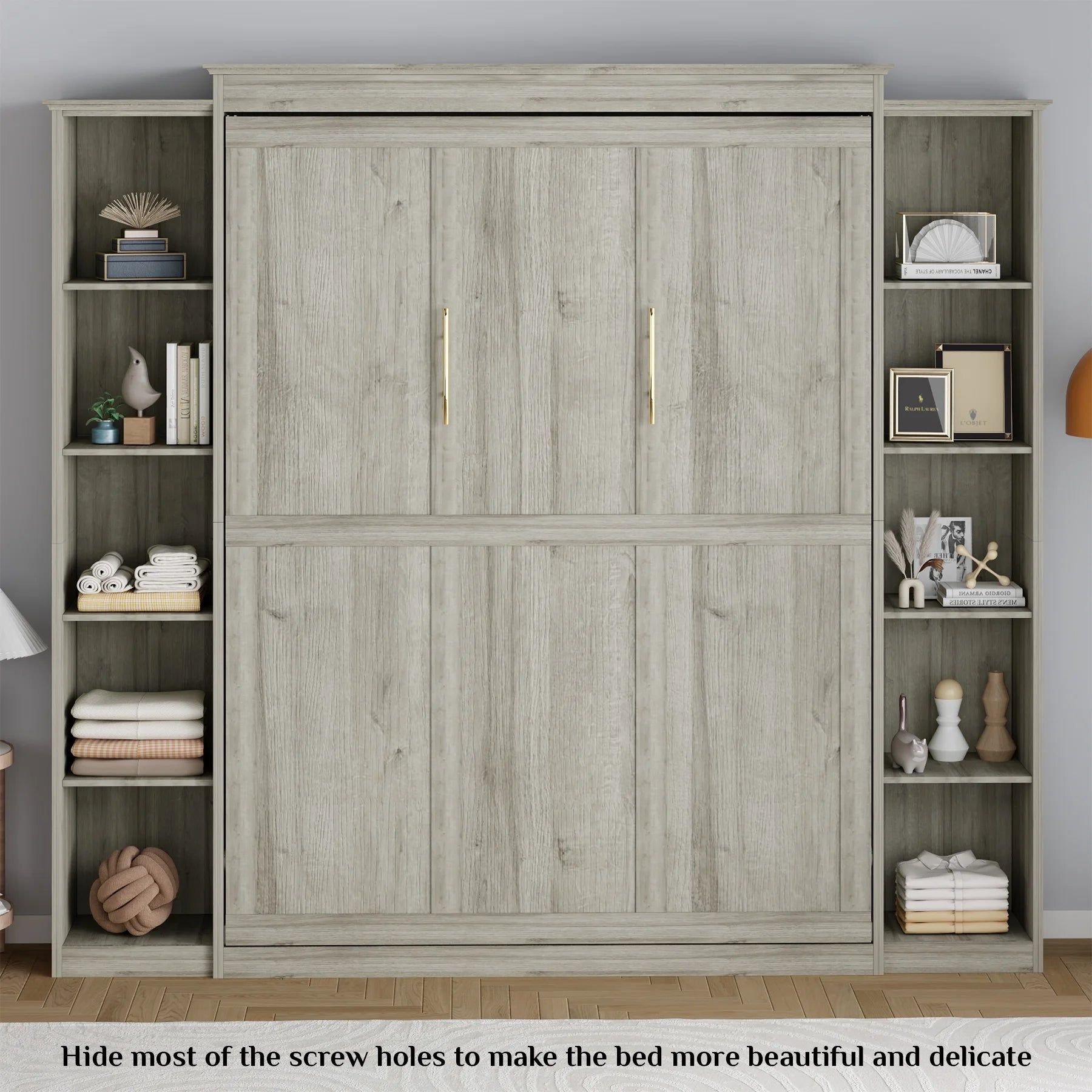 Queen Size Murphy Bed Cabinet in Grey with 5-Tier Storage Shelves, Foldable Platform Bed Wall Cabinet Bedframe for Small Space, Bedroom, Guest Room