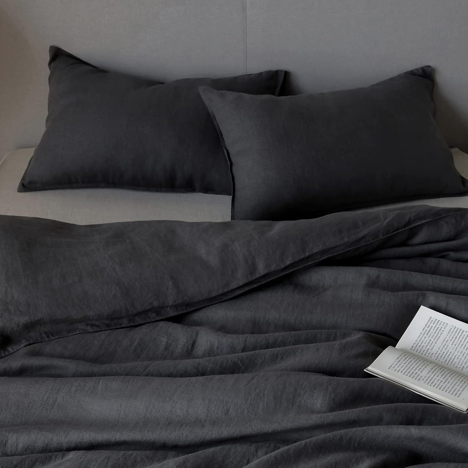 100% Washed French Flax Linen Duvet Cover Set – 3 Pieces, Cooling & Textured Farmhouse Bedding for Hot Sleepers, with Zipper Closure (Dark Gray, Queen)