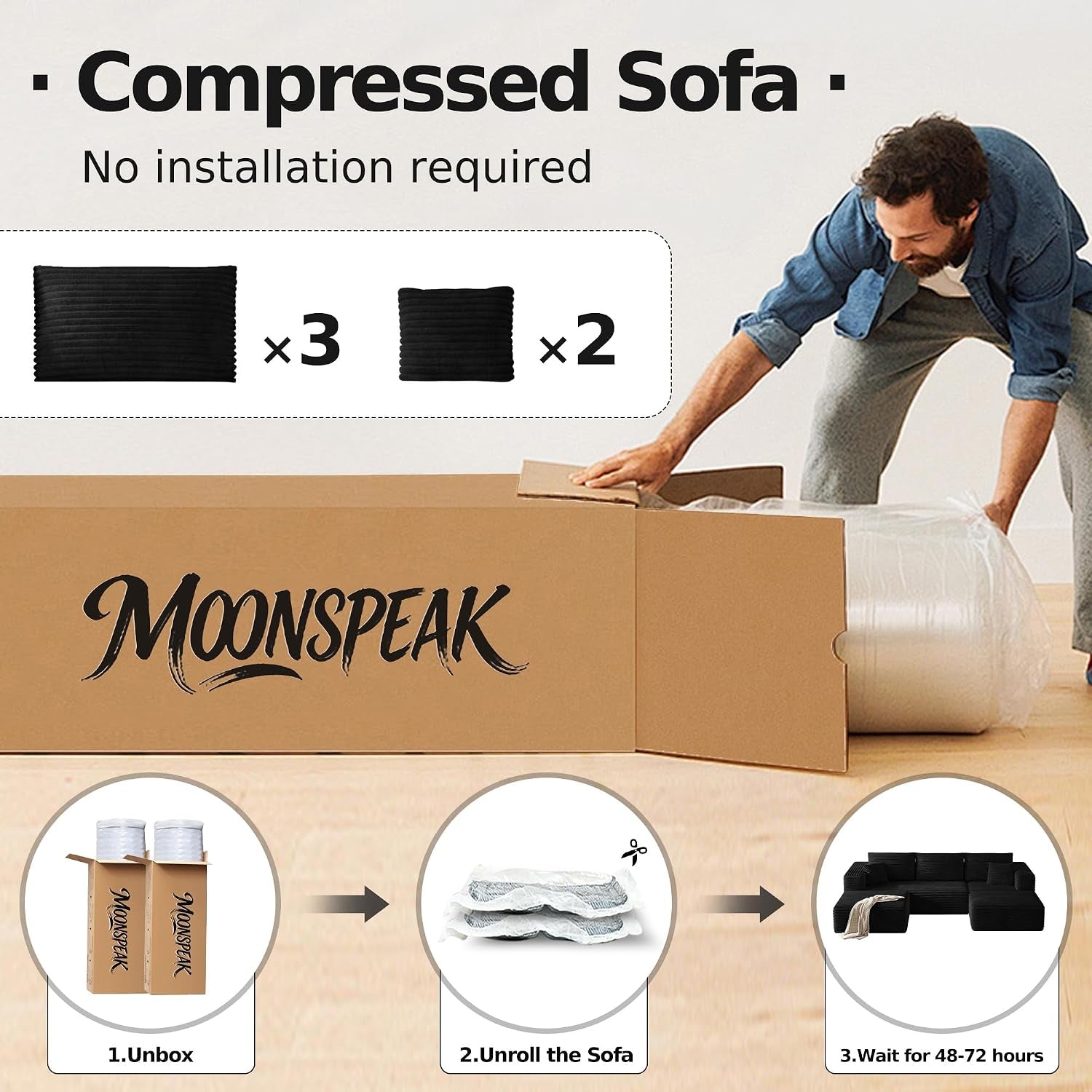 108" Boneless Sectional Cloud Couch for Living Room | U Shaped Sofa, Deep Seat, 2 Ottomans, Soft Corduroy Couches, No Assembly, Moudalr Couch in a Box (Black)
