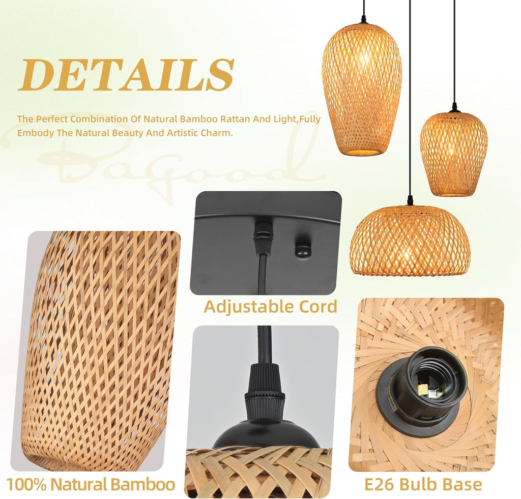 3-Light Rattan Pendant Light Rattan Chandelier Light Fixture Boho Chandelier Light Fixture Hand-Woven Bamboo Chandeliers 3-Light Bamboo Pendant Light for Living Room Dining Room (Bulb Incl.)