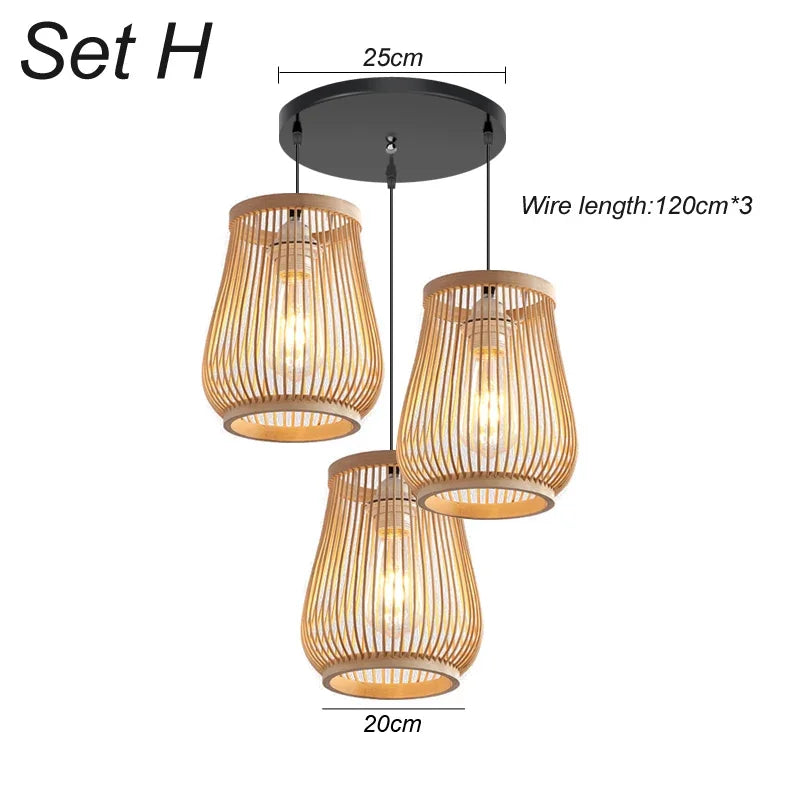3 Pcs Lustre Rattan Wicker Lamp Shade Pendant Light Bamboo Ceiling Chandelier Set Suspended Luminaire Handmade Home Room Decor