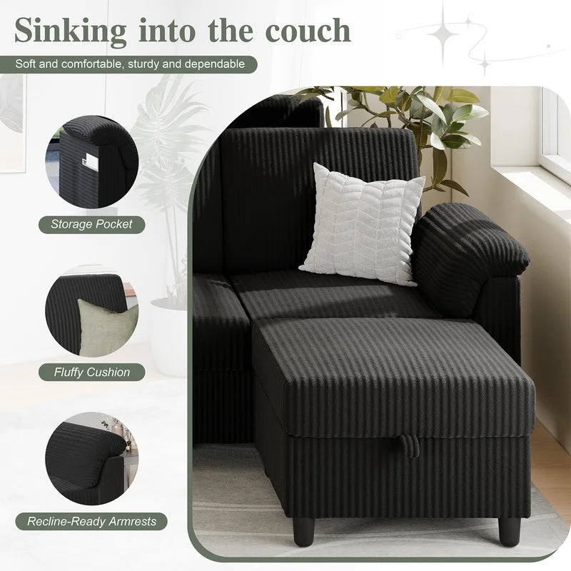 79.4" Sectional Sofa with Movable Storage Ottoman, L-Shaped Convertible Sofa Couch for Small Living Room, Green