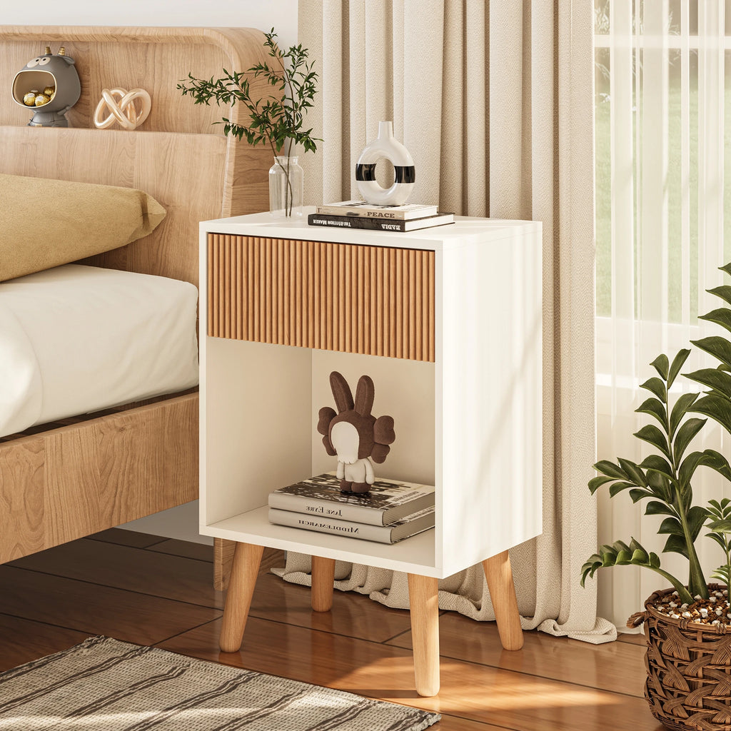 Aesthetic Fluted Nightstand Modern Bedside Table with Wood Drawer & Open Shelf | Mid-Century Room Decor