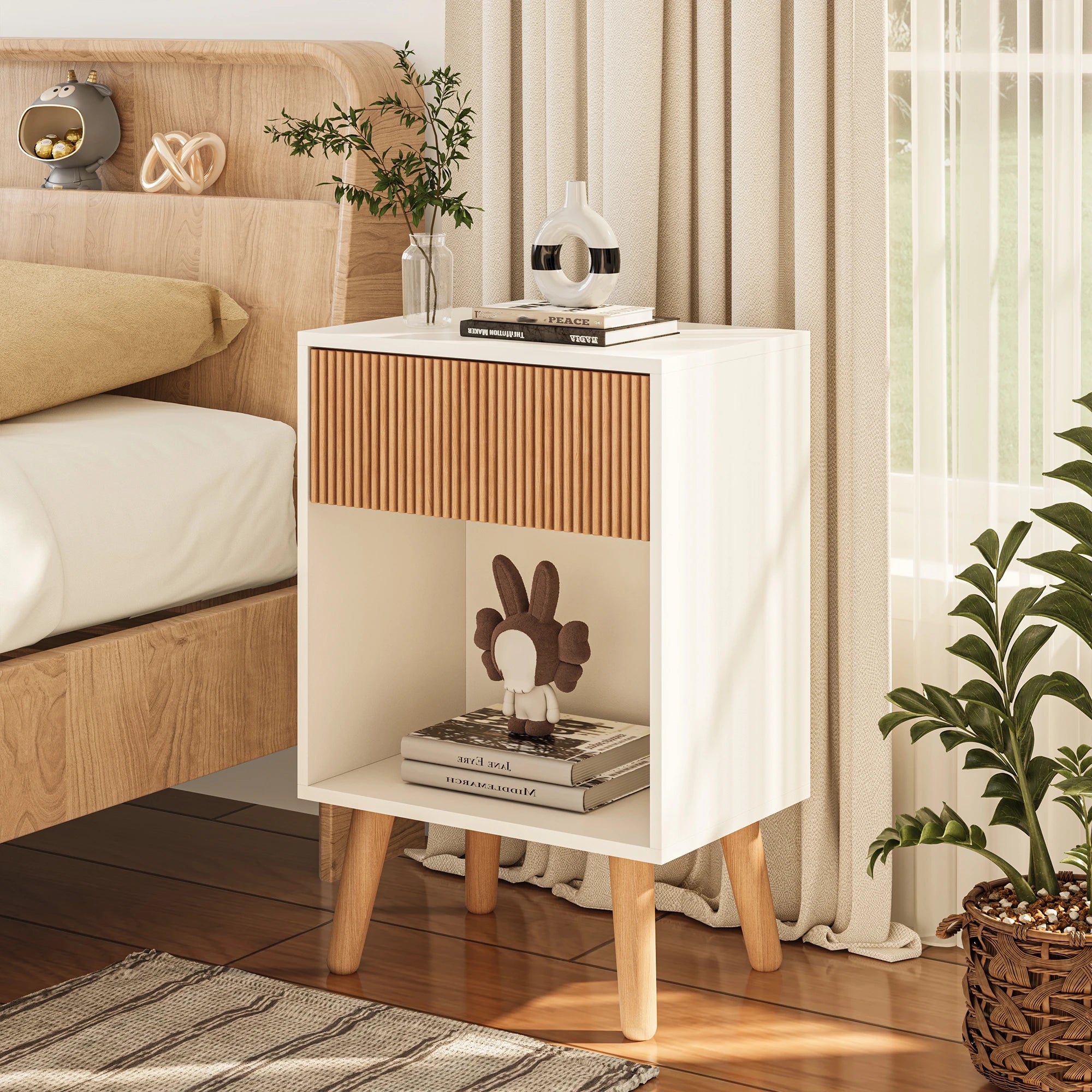 Aesthetic Fluted Nightstand Modern Bedside Table with Wood Drawer & Open Shelf | Mid-Century Room Decor