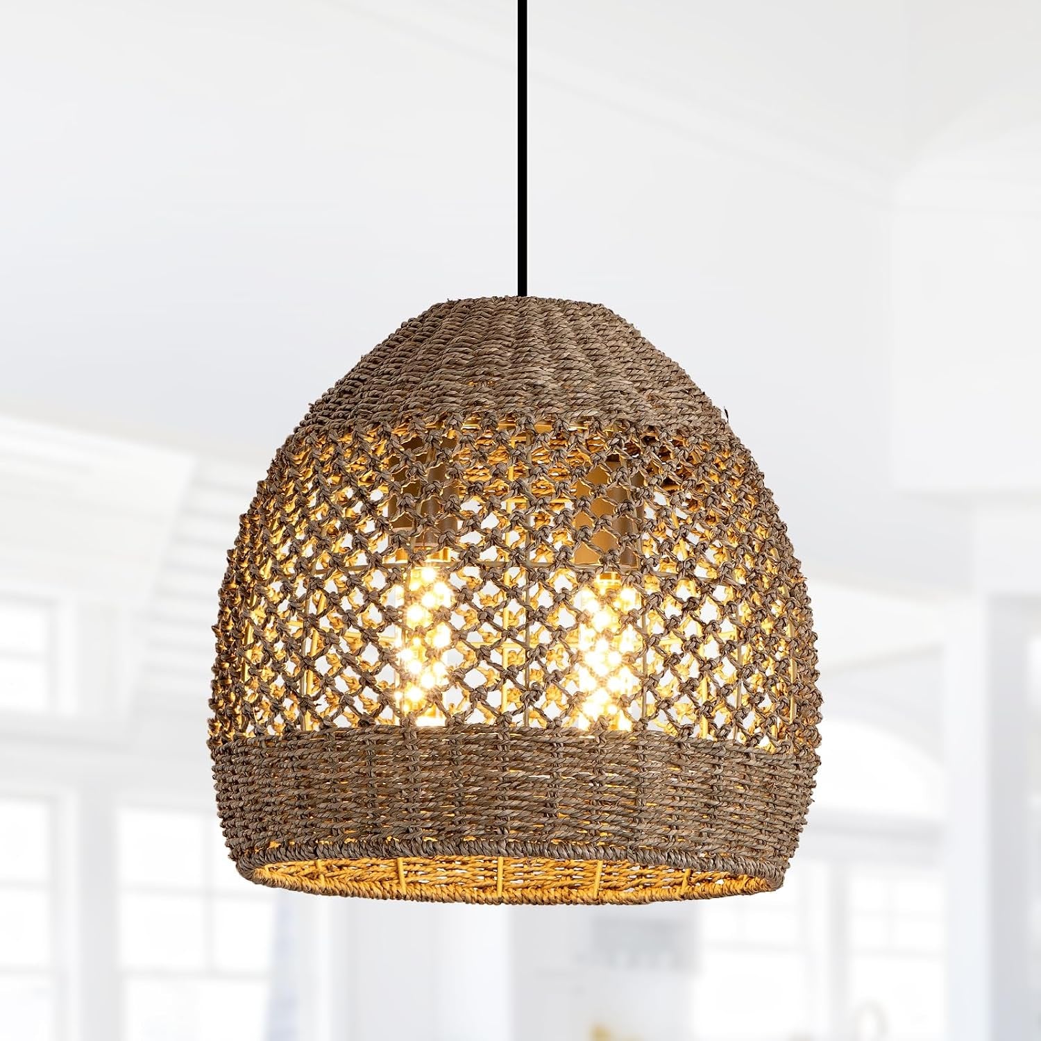 2-Light Rattan Pendant Light Boho Wicker Chandelier | 13.78" Handwoven Bamboo Lights Fixture ,Seagrass Ratan Hanging Lamp for Dining Kitchen Island Living Room Bedroom