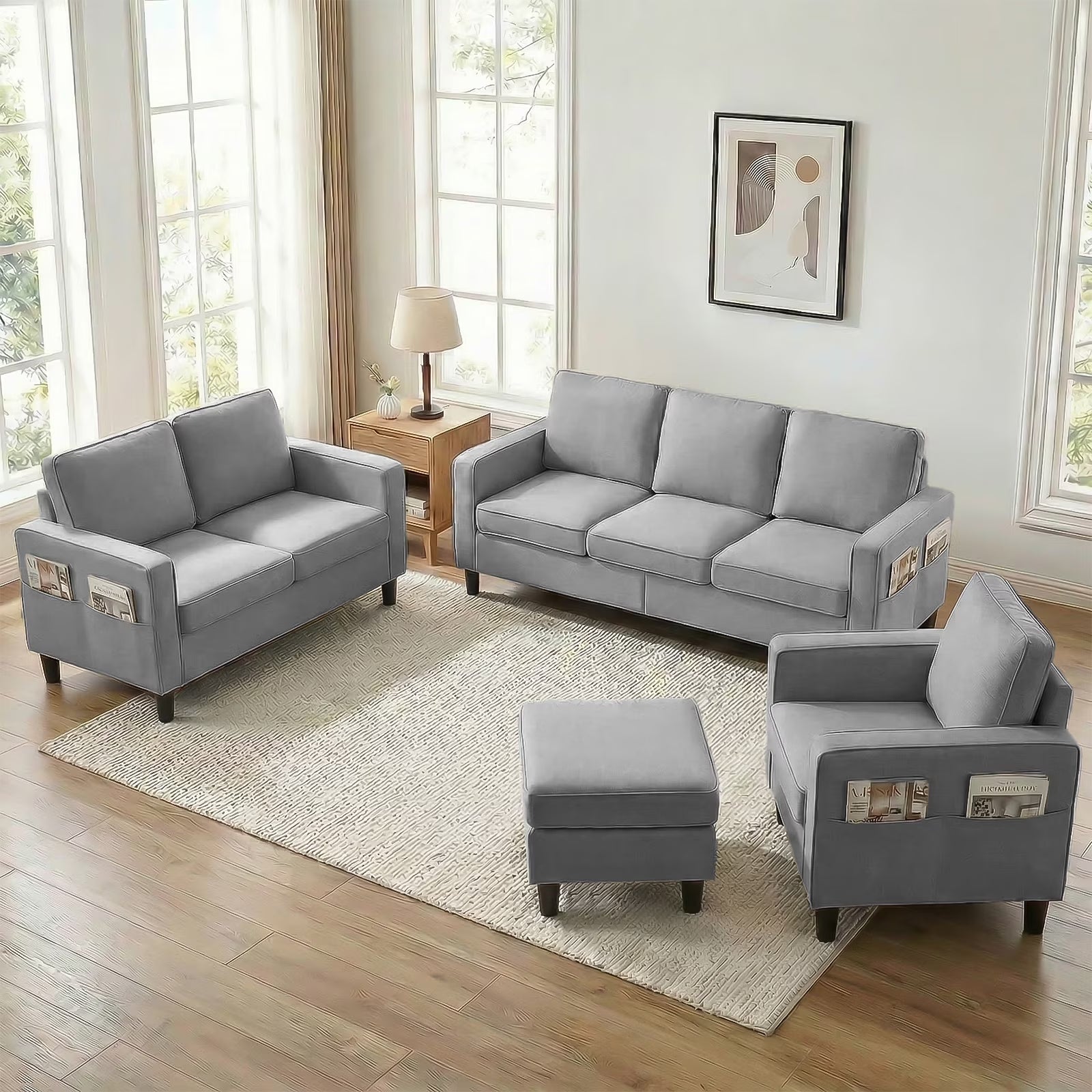 3 Piece Living Room Furniture Sets,L Shaped Sectional Sofa Set with Storage Ottoman,Modern Linen Fabric Couch for Apartment,Light Gray