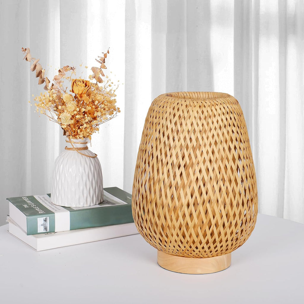 Boho Rattan Table Lamp, Stepless Dimmable Small beside Lamp, Vintage Nature Wicker Wooden Nightstand Boho Bamboo Woven End Table Lamps for Bedroom Living Room Desk Kids Room