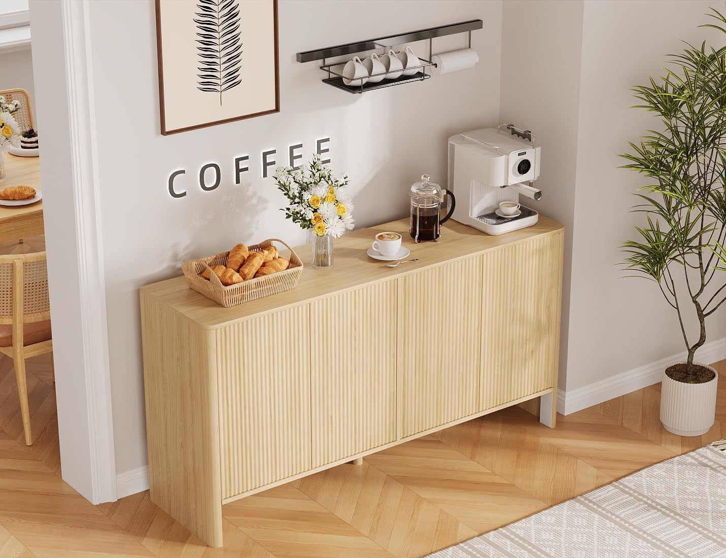 Fluted Sideboard Buffet Cabinet, 58" Large Storage Buffet Cabinet with 4 Doors & Adjustable Shelves, Wood Credenza Coffee Bar Console Table for Kitchen Dining Living Room- Natural
