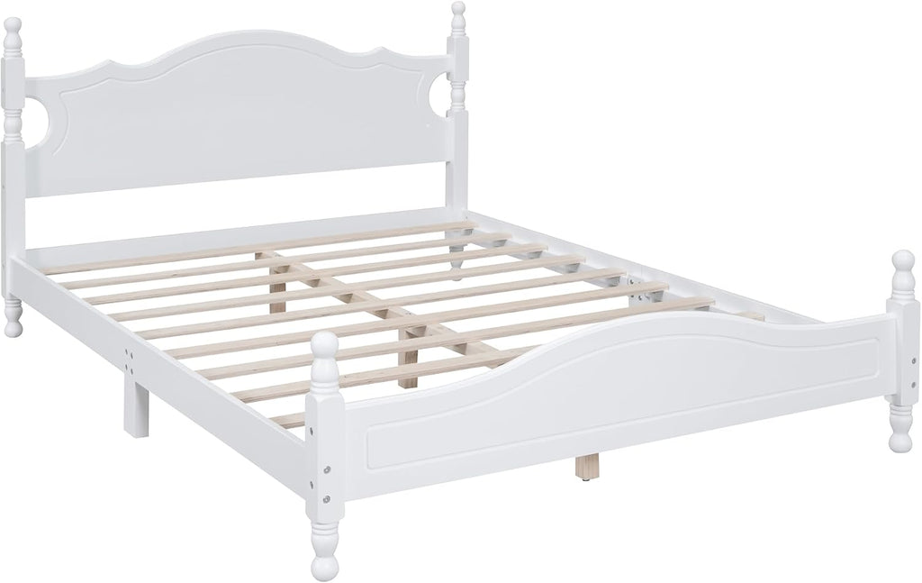 Modern Farmhouse Wood Platform Bed with Headboard, Queen Bed Frame with Wood Slat Support White