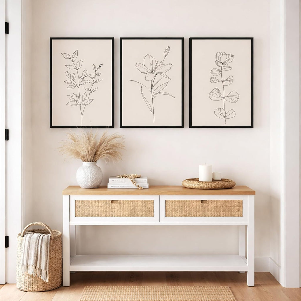 Minimalist Botanical Framed Wall Art, 3 Piece Set, 16X24 Inch | Soft Beige Palette • Delicate Linear Detail • Coordinated Gallery Look • Versatile Accent for Bedroom or Office