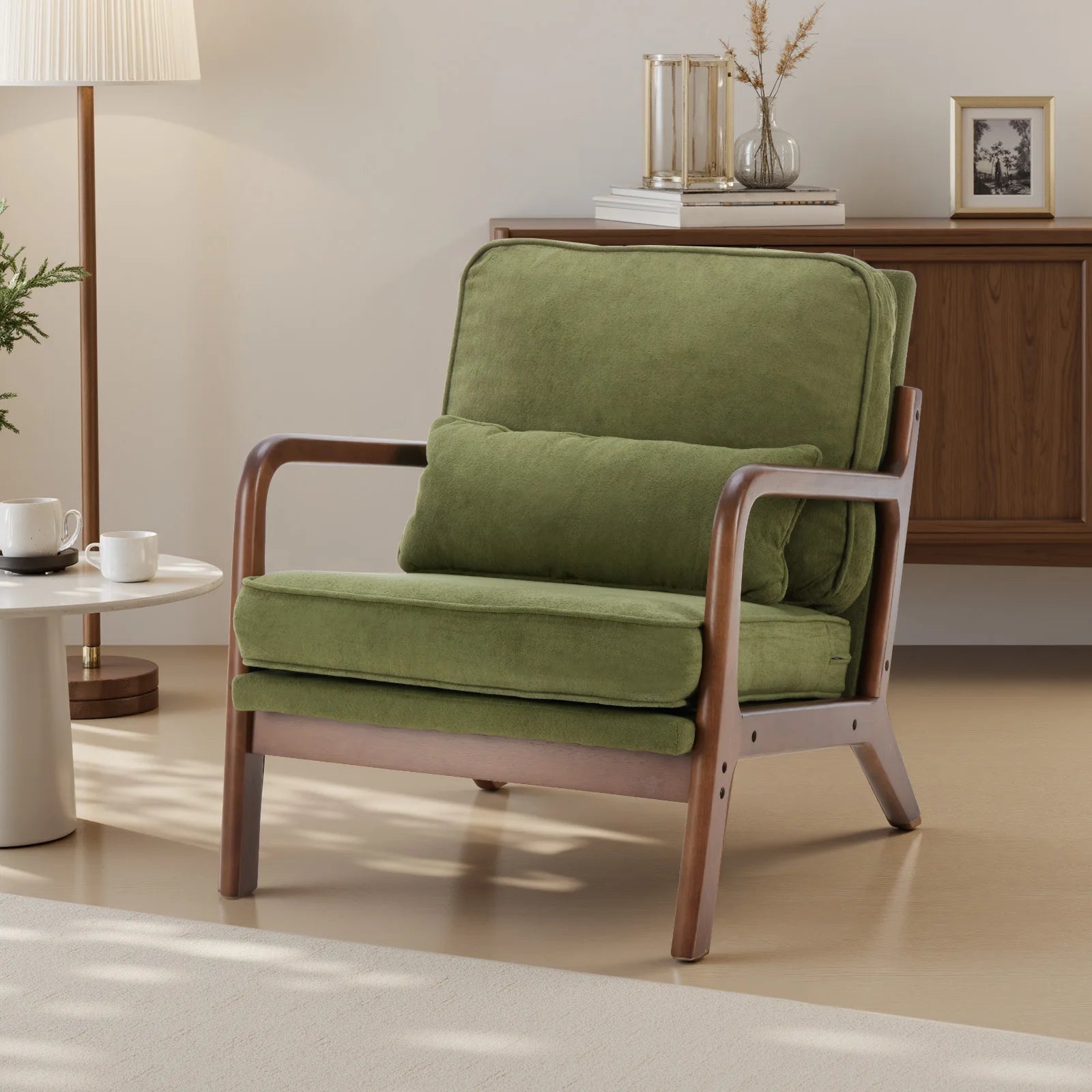 Mid Century Modern Chair Solid Wooden Frame Accent Chair with Arms and Waist Cushion Reading Chairs for Adults Lounge Chair