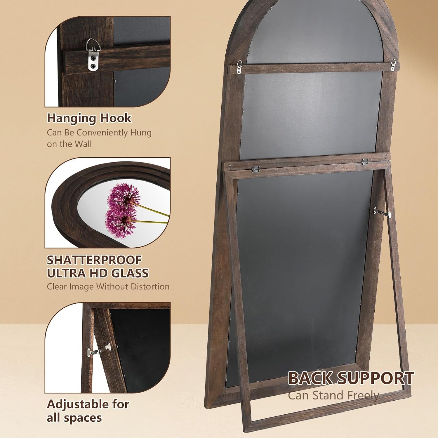 Large Arched Wood Mirror Full Length, 71"X32" Rustic Floor Mirror | Farmhouse with Stand, for Bedroom Living Room Dressing Room Entryway, Free Standing Leaning or Wall Mounted, Brown