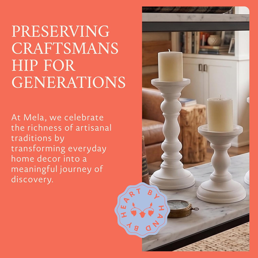 Willow Mango Wood Candle Holders - Matte White, Set of 3 | 6", 9" and 12" Hand-Carved Candle Holders for Table, Mantel and Living Room Décor Featuring Detailed Artisan Styling.