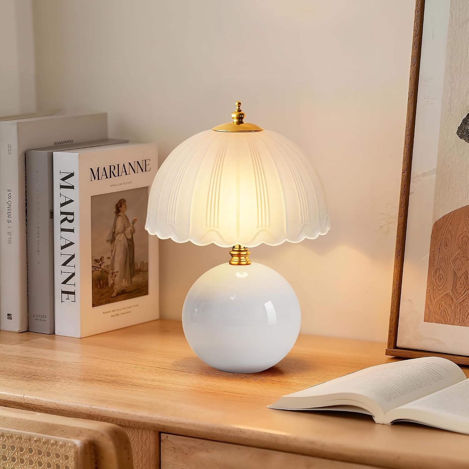 Mushroom Table Lamp, Ceramic Bedside Lamp with Glass Shade, 3-Way Lighting (2700K-5000K) Rocker Switch, Small Nightstand Lamp for Bedroom, Living Room, Office, White