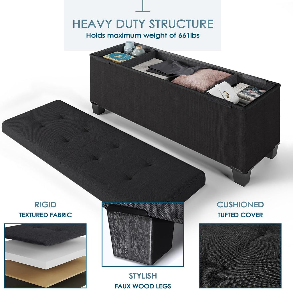 Storage Ottoman Bench with Storage Bins, 43-In Storage Bench for Bedroom End of Bed, Large Ottoman Foot Rest, Black Ottoman with Storage for Living Room, Bench with Storage Max 660Lbs, Fabric Ottoman