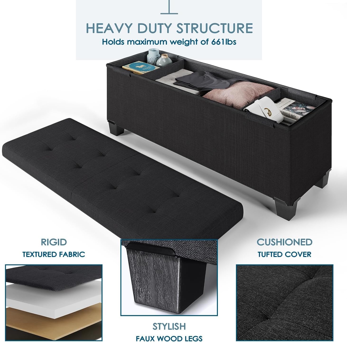 Storage Ottoman Bench with Storage Bins, 43-In Storage Bench for Bedroom End of Bed, Large Ottoman Foot Rest, Black Ottoman with Storage for Living Room, Bench with Storage Max 660Lbs, Fabric Ottoman