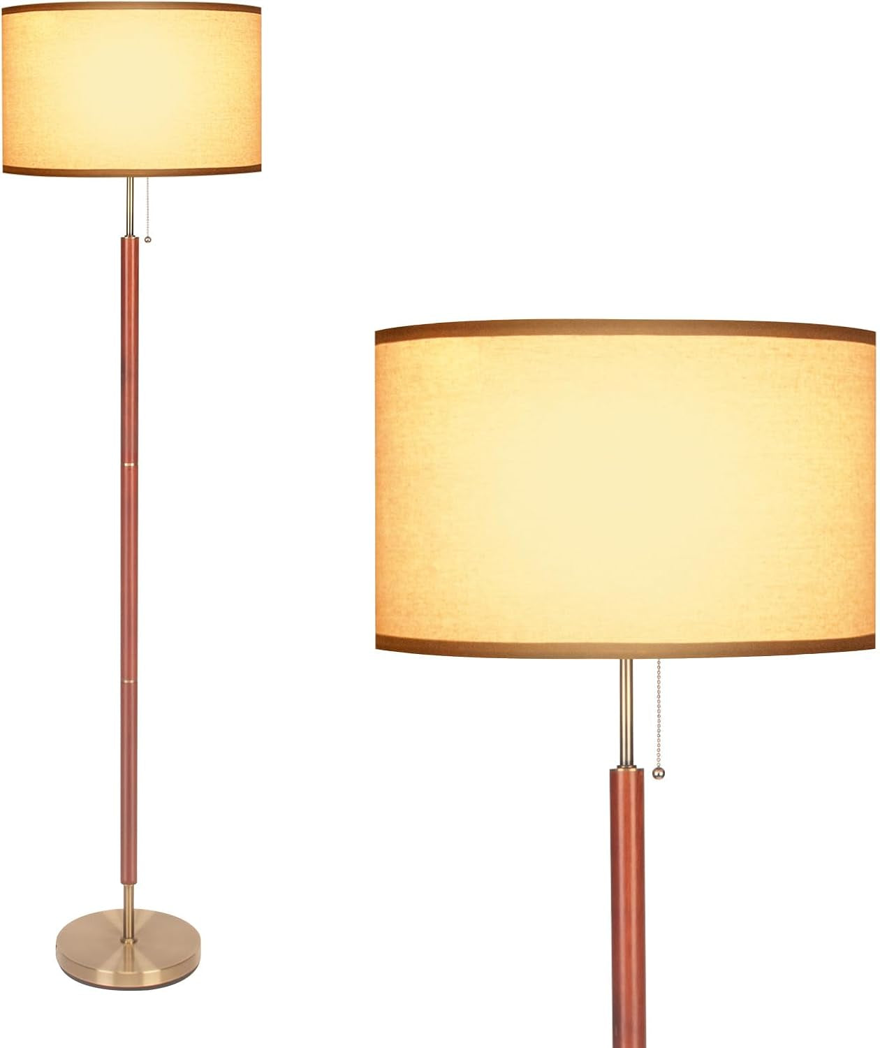 Mid-Century Modern Floor Lamp, Walnut Wood Finish, Drum Shade, Living Room Décor (64In, E26 LED)