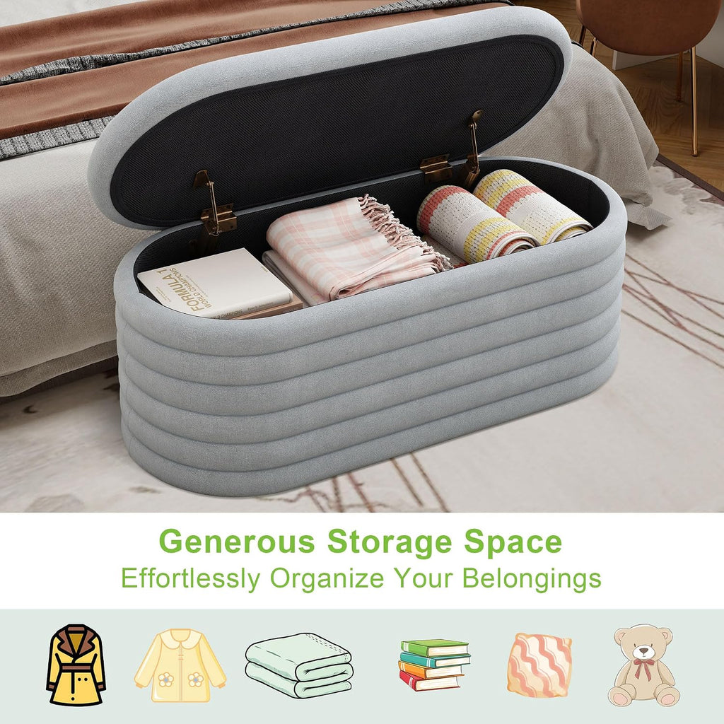 Storage Ottoman Bench,Chenille Upholstered Fabric Storage Bench for Bedroom End of Bed,Oval Ottoman with Storage & Safty Hinges,Entryway Bench for Living Room,Hallway,Front of Window,40"