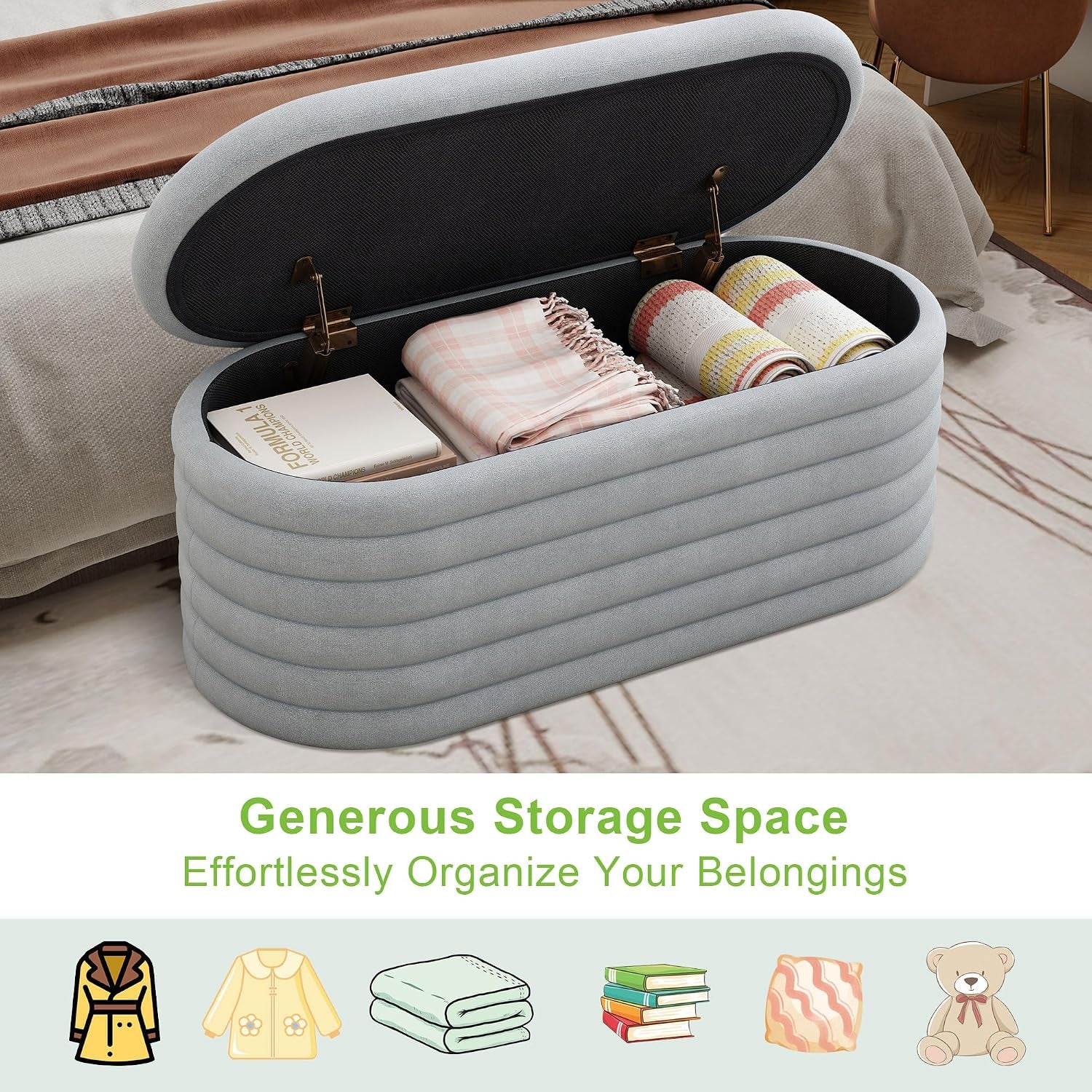 Storage Ottoman Bench,Chenille Upholstered Fabric Storage Bench for Bedroom End of Bed,Oval Ottoman with Storage & Safty Hinges,Entryway Bench for Living Room,Hallway,Front of Window,40"