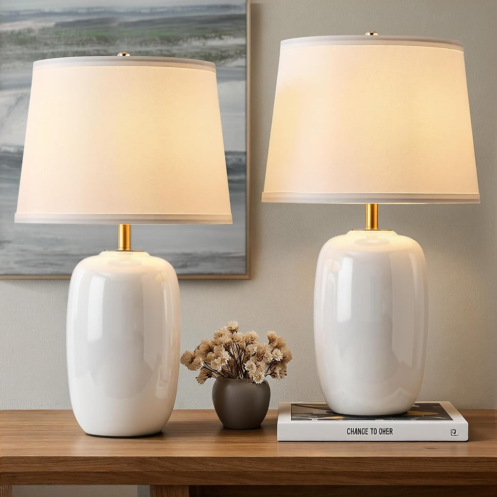 22 Inch White Ceramic Table Lamps Set of 2, Fabric Lampshade Desk Lamp | E26 Socket, Rotary Switch Lighting for Living Room, Office, Bedroom, Nightstand, Reading, Office, Study, Corner, Home Decor