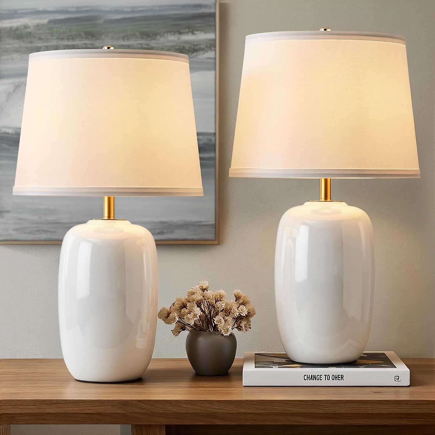 22 Inch White Ceramic Table Lamps Set of 2, Fabric Lampshade Desk Lamp | E26 Socket, Rotary Switch Lighting for Living Room, Office, Bedroom, Nightstand, Reading, Office, Study, Corner, Home Decor