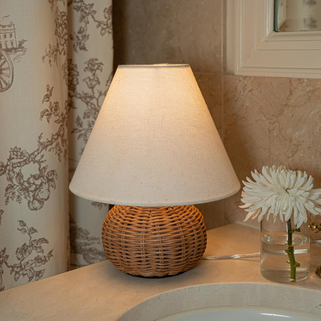 11" Small Mini Wicker Table Lamp, Dimmable Rattan Bamboo Lamp with Off-White Fabric Shade, Boho Accent Light for Nightstand, Nursery, Small Spaces, Kitchen Counter, Bookshelf