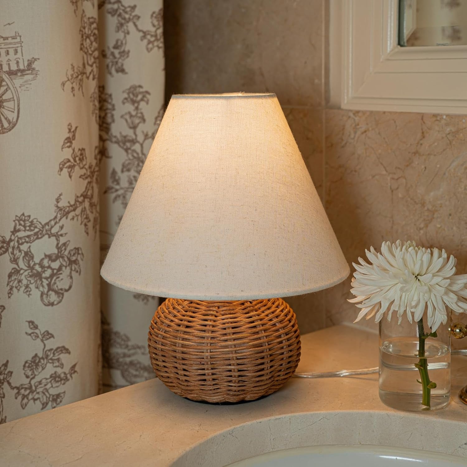 11" Small Mini Wicker Table Lamp, Dimmable Rattan Bamboo Lamp with Off-White Fabric Shade, Boho Accent Light for Nightstand, Nursery, Small Spaces, Kitchen Counter, Bookshelf