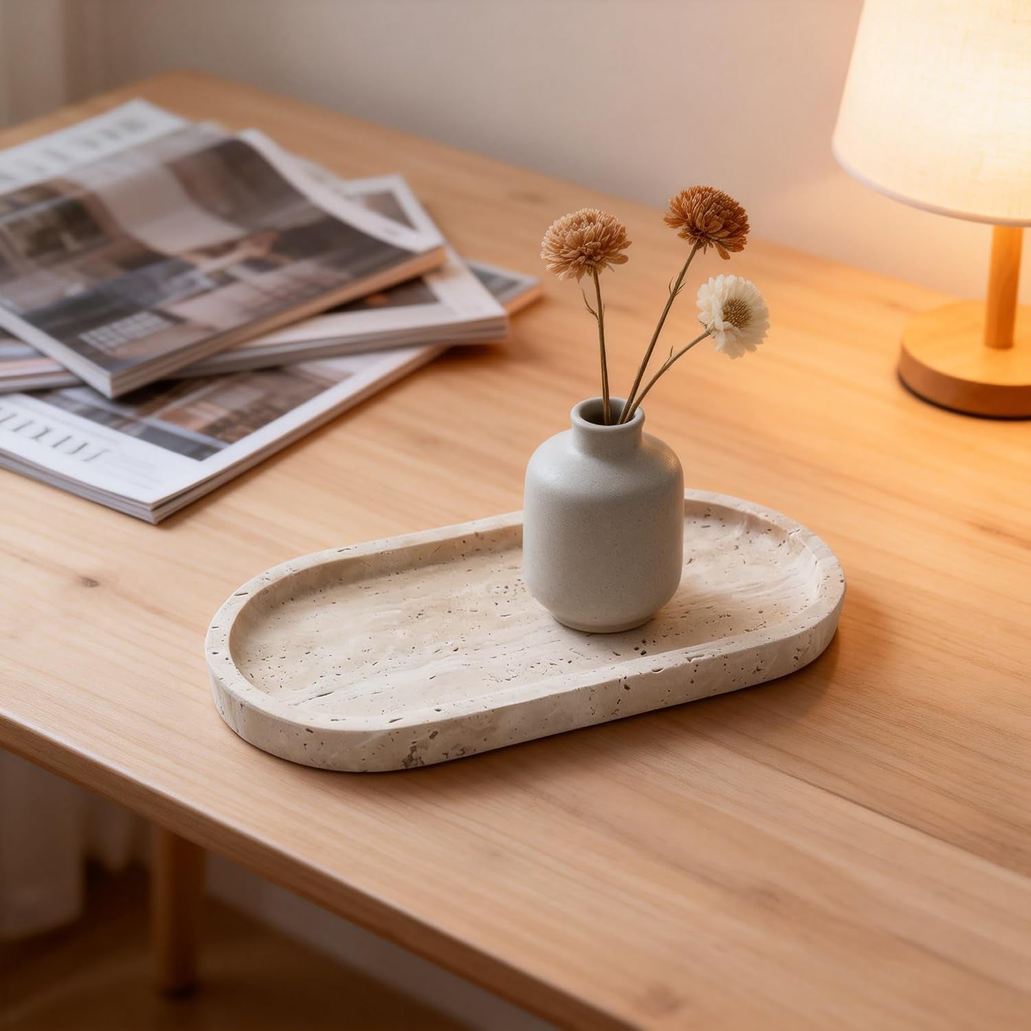 Oval Travertine Tray 4.8 in X 9.8 in for Bathroom Dresser Countertop Organizer, Natural Marble Vanity Tray for Perfume, Candles, Ring, Decorative Jewelry Dish